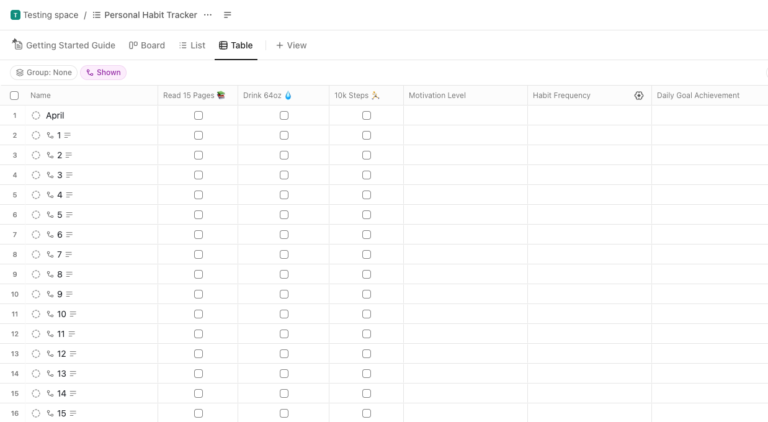 Personal Habit Tracker Zoomed